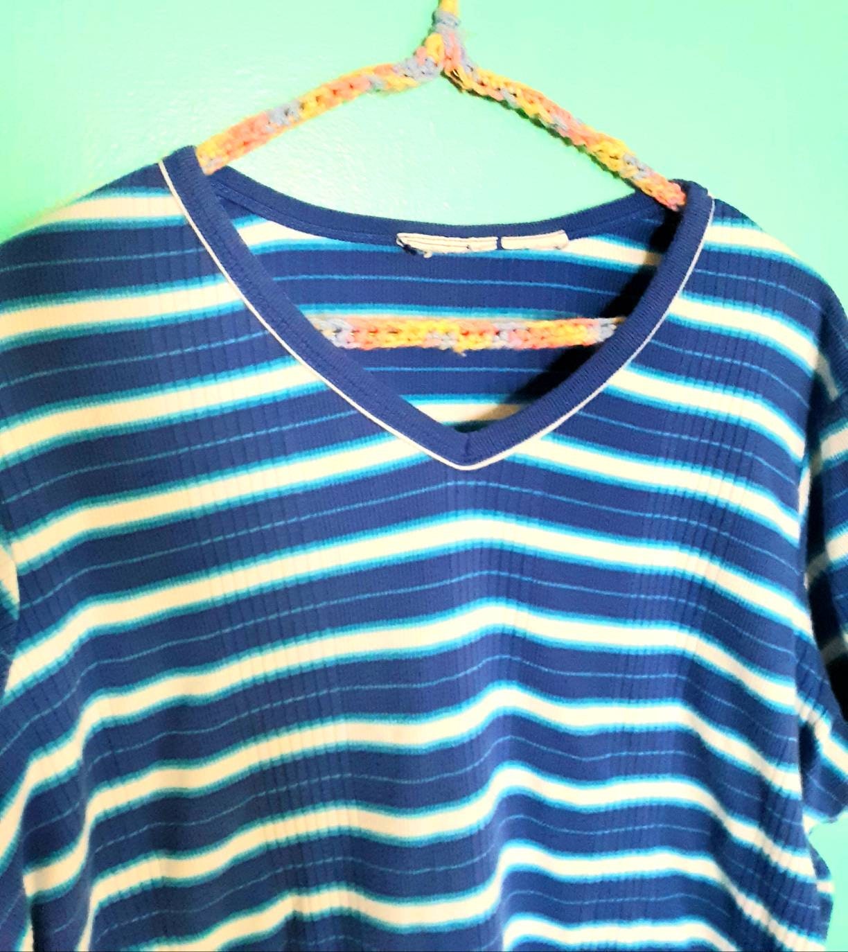 1990s Ribbed Blue Striped V-neck Shirt | Etsy