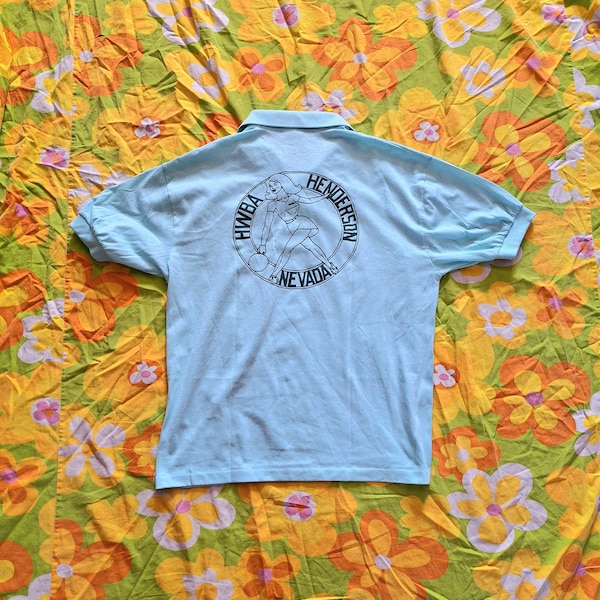 1980s 1990s Vintage Women's Bowling NWBA Henderson Nevada Mint Pastel Blue Print-Ons Short Sleeve Size M Polo Uniform Shirt