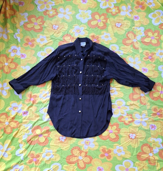 1980s 1990s Vintage Fringe Western Goth Yallternative Cowboy Cowgirl RM Richards Size 8 Medium Black Long Sleeve Button Up Blouse Shirt