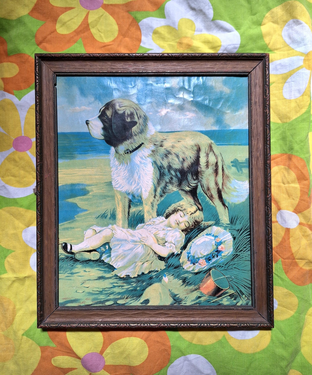 1920s Antique Vintage Saint Bernard Dog Guarding Little Girl Cute