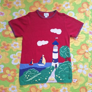 1990s Y2K Vintage Lighthouse Sailboats Ocean Ducks Embroidered Applique Kitsch The Quacker Factory Size XL 1X Short Sleeve Tunic Sweater