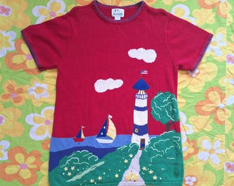 Suéter tipo túnica de manga corta, diseño de patos del océano, faro vintage, veleros, apliques bordados, kitsch, de Quacker Factory, talla XL 1X, década de 1990