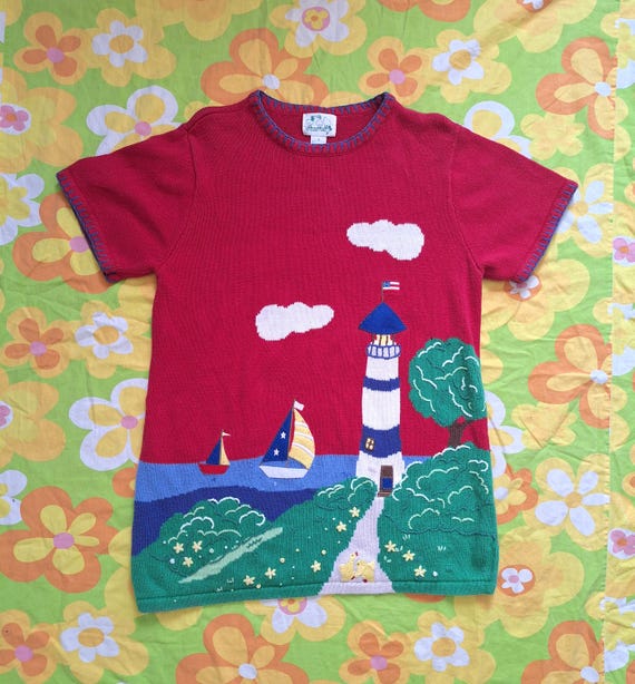 1990s Y2K Vintage Lighthouse Sailboats Ocean Ducks Embroidered Applique Kitsch The Quacker Factory Size XL 1X Short Sleeve Tunic Sweater