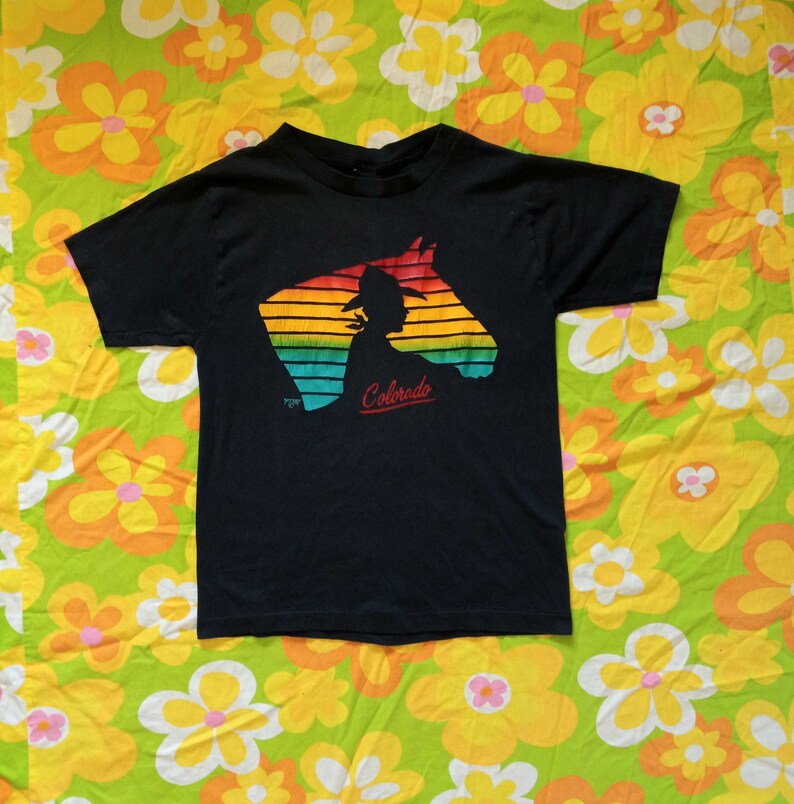 1980s Vintage Colorado Cowboy and Horse Rainbow Vaporwave Southwestern Size S M T-shirt image 1