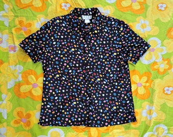 1990er Jahre Vintage Bunt Regenbogen Polka Dot New Wave Funky Erena Petite Größe M Kurzarm Bluse Shirt