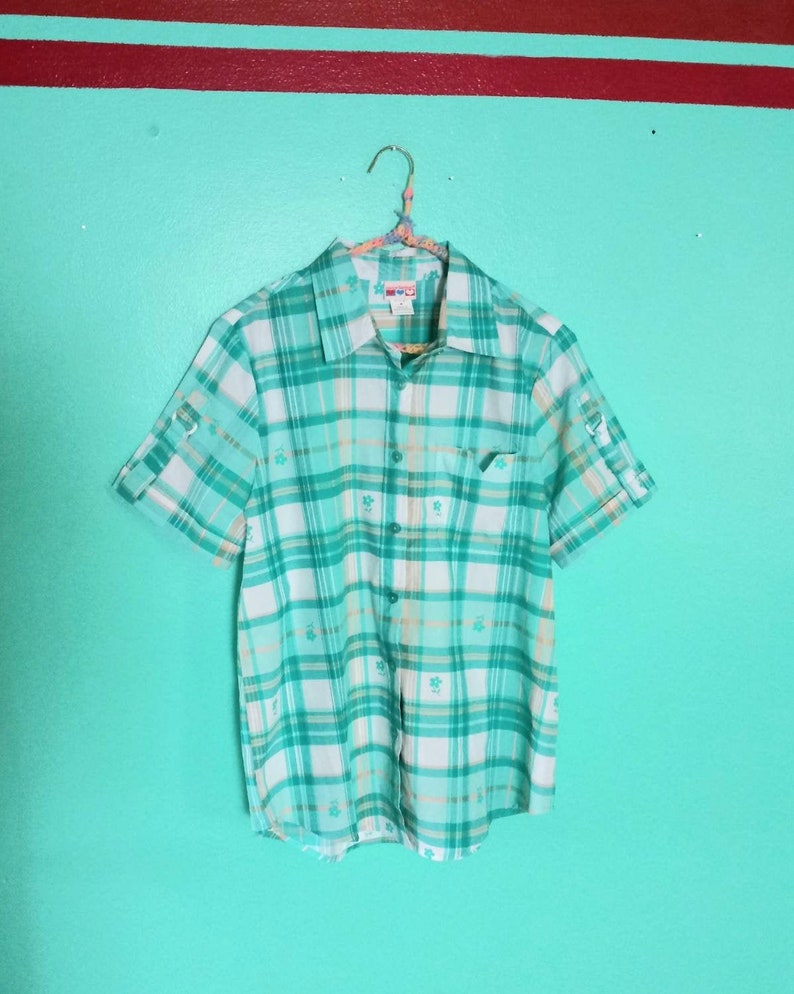 1990s Vintage Green Floral Plaid American Sweetheart Size M Button Up Short Sleeve Camp Shirt Blouse image 1