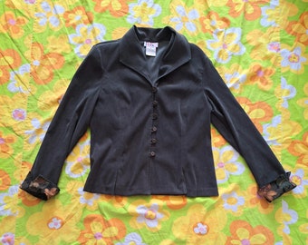 Années 1990 Année 2000 vintage en polyester brossé doux et velouté vert forêt Grunge Whimsigoth R&K Originals taille L bouton et boucle de fermeture blazer veste