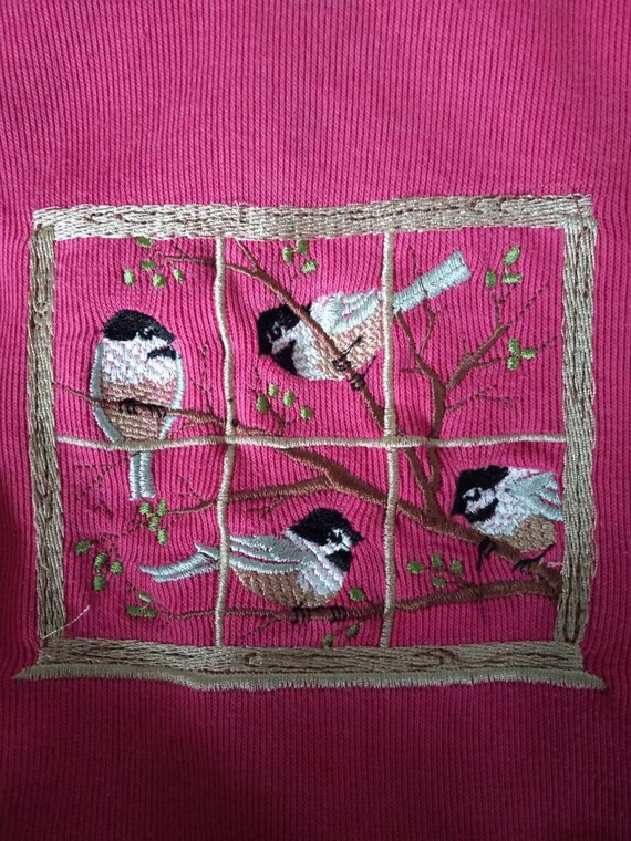 1970s 1980s Vintage Birds Embroidered Pink Nikki … - image 6