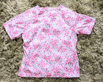 1960s 1970s Vintage Floral Flower Power Pink Groovy Hippie Mod Cottagecore Size M L Short Sleeve Blouse Shirt