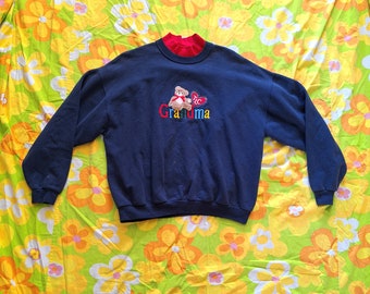 1990s Y2K Vintage Grandma Teddy Bear Heart Applique Kitschy Cute Kawaii Grandmacore TLC Layered Collar Navy Size XL Sweatshirt Sweater