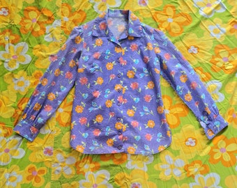 1970er 1980er Jahre Vintage Blumen Flower Power Pastell Kawaii Größe L Groovy Boho Hippie Bunt Langarm Button Up Bluse Shirt