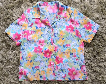 1980s 1990s Vintage Floral Pastel Colorful Cottagecore Tropical Springtime Size M L Short Sleeve Button Up Blouse Shirt