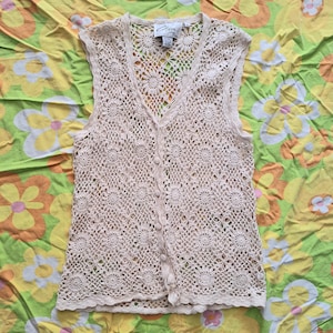 1990s Vintage Crochet Granny Squares Romantic Whimsigoth Grunge Chazzz by Charles Ghailian See Through Size M Ivory Off White Button Up Vest