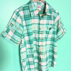 1990s Vintage Green Floral Plaid American Sweetheart Size M Button Up Short Sleeve Camp Shirt Blouse image 3