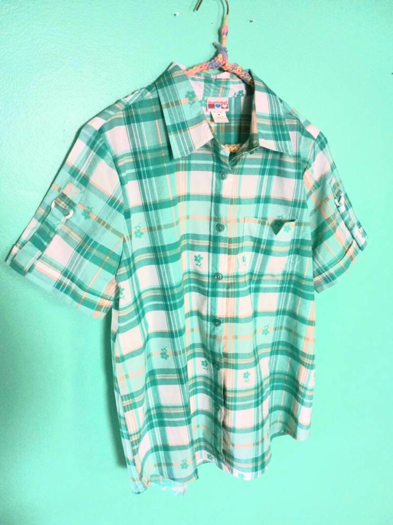 1990s Vintage Green Floral Plaid American Sweetheart Size M Button Up Short Sleeve Camp Shirt Blouse image 3