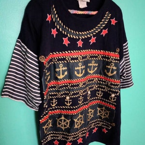 1980s 1990s Vintage nautische ankers Ocean Sailor Glitter Gezeefdrukt Copa Cobana Maat XL T-shirt afbeelding 2