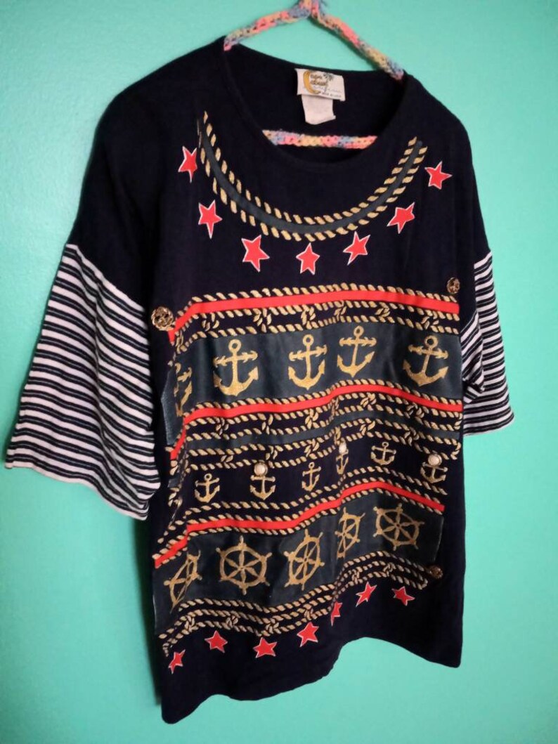 1980s 1990s Vintage nautische ankers Ocean Sailor Glitter Gezeefdrukt Copa Cobana Maat XL T-shirt afbeelding 2