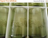 On Sale Vintage Anchor Hocking Avocado Green Drinking Glasses w Rose Design, Set of 7, Original Box