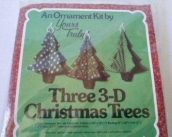 Fabric Christmas Trees Set of Three 3-D Christmas Tree Ornaments On Sale Yours Truly Ornament Kit Vintage 1978 and Sealed