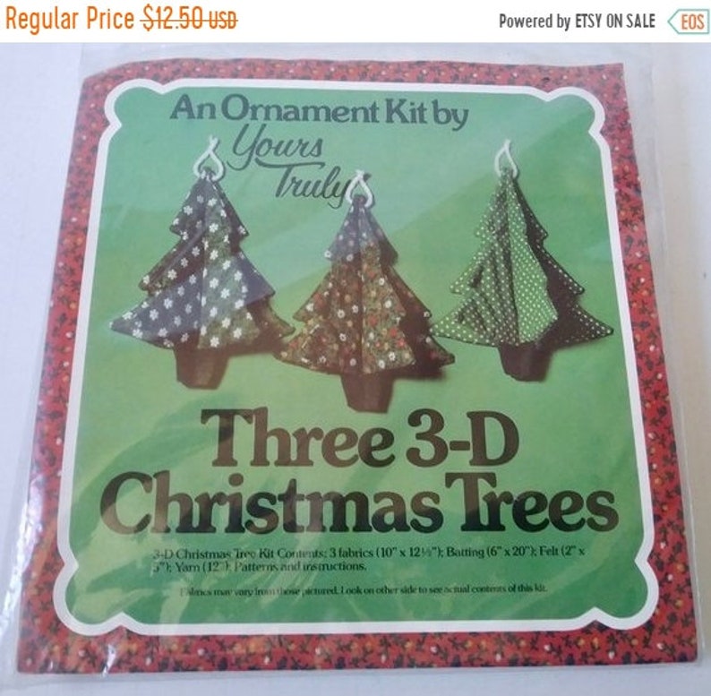 Fabric Christmas Trees Set of Three 3-D Christmas Tree Ornaments On Sale Yours Truly Ornament Kit Vintage 1978 and Sealed