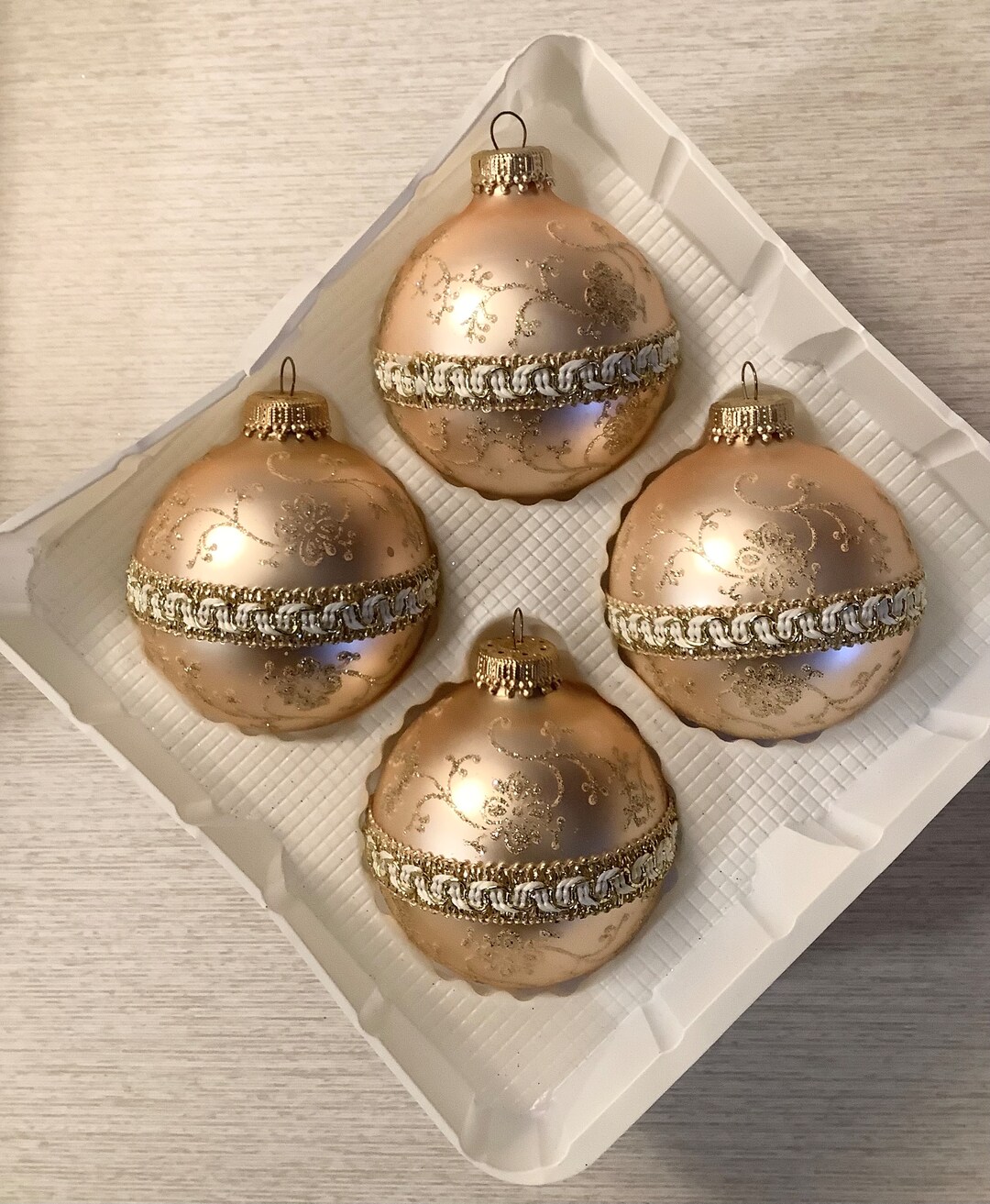 Krebs Christmas Ornaments Gold/gold Glitter W/ribbon Design Set of 4