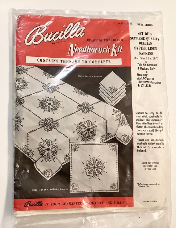 Bucilla Belgian Oyster Linen Napkins - Set of 4 - Embroidery Kit - Blue/Silver Thread - Vintage 70s and NEW Sealed