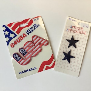 Vintage Patriotic Iron On Patches - USA Flag and Navy Blue Stars - New in Packages