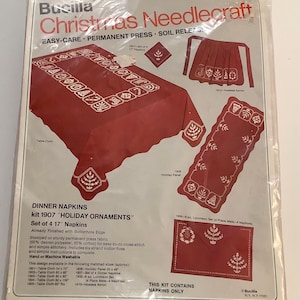 Bucilla Christmas Needlecraft - Holiday Ornaments - Napkins Set of 4 - Kit 1907 - Vintage &#39;60s and Sealed