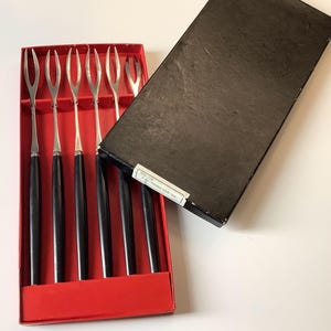 Vintage MCM Fondue Forks  - Stainless Steel w Black Handles  - Set of 6  - Made in Japan