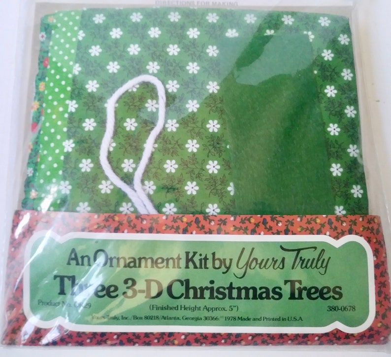 Fabric Christmas Trees Set of Three 3-D Christmas Tree Ornaments On Sale Yours Truly Ornament Kit Vintage 1978 and Sealed
