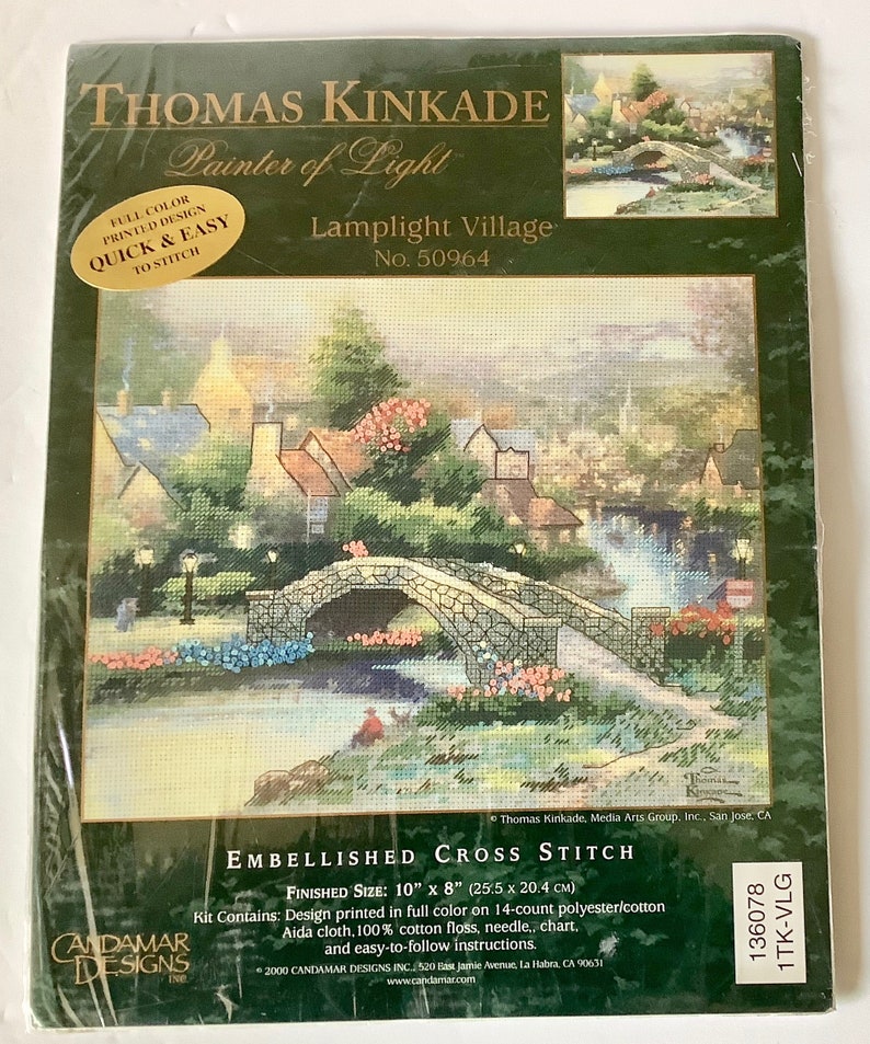 Embellished Cross Stitch Kit Vintage 2000 Sealed 10 x 8 On Sale Candamar Designs Lamplight Village Thomas Kinkade