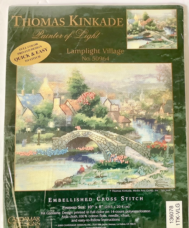 Embellished Cross Stitch Kit Vintage 2000 Sealed 10 x 8 On Sale Candamar Designs Lamplight Village Thomas Kinkade