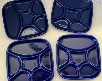 Toscany Ceramic Fondue Plates - Blue - Set of 4 Divided Separated Plates - Vintage 80s