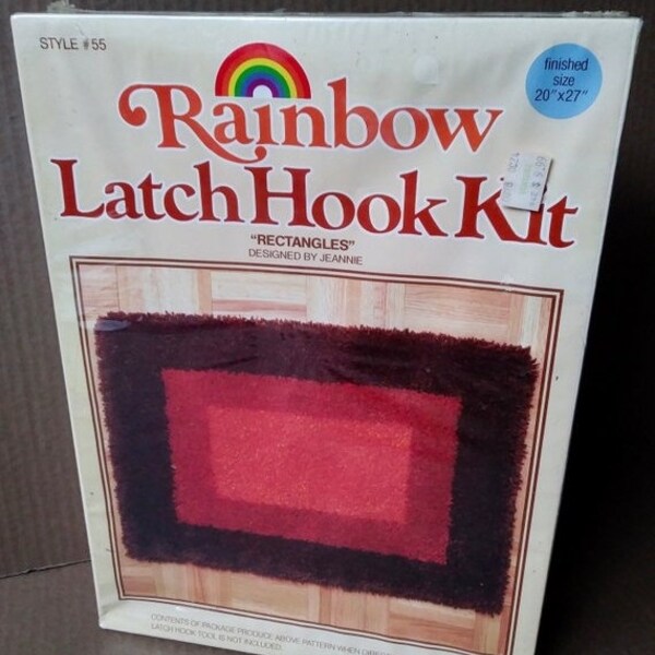 On Sale Rainbow Latch Hook Kit, "Rectangles", Finished Size 20" x 27", Brown/Red/Orange, 1970s Decor, Vintage and Sealed