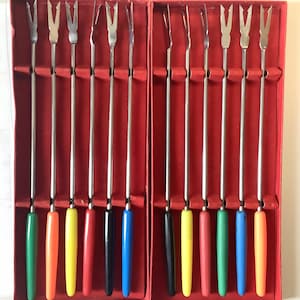 Vintage Fondue Forks - 2 Sets of 6 - 12 Fondue Forks - Stainless Steel - Colored Plastic Handles - Original Packages