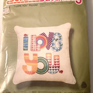 Sunset Stitchery - I LOVE YOU Pillow Kit - Crewel Stitch Kit - Vintage 1978 & New Sealed - Hippie 70&#39;s Mod Love