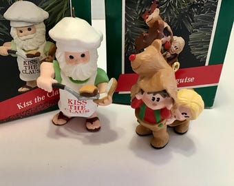 Two Hallmark Christmas Ornaments - Kiss the Claus (1988) & Deer Disguise (1989)