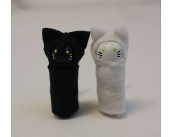 Black & White Cats Felt and Wood Peg Dolls Hand Painted