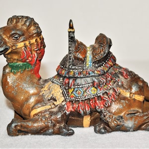 Antique 1900s Cast Metal Anglo-Indian Style Sculptural Camel Inkwell Painted