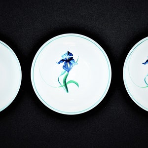 Puede incluir: Tres cuencos de cerámica blanca con un borde verde y un diseño de flor de iris azul y verde.