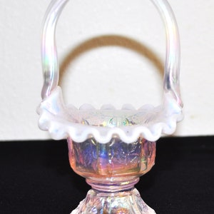 Fenton Pink Opalescent Iridescent Small Art Glass Flower Crimped Basket 6.5&quot;