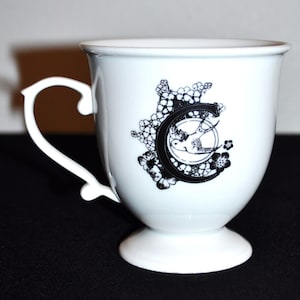 ANTHROPOLOGIE Letter C Initial Alphabet Monogram Coffee Cup Mug White Black Bird