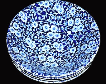 4 Burleigh Blue Calico Staffordshire Chintz Soup Cereal Bowls 6-3/8"