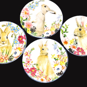 May include: Four round decorative plates featuring watercolor illustrations of rabbits surrounded by colorful flowers. Each plate has a white background with a blue border. The rabbits are depicted in various poses.