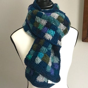 Women’s wool scarf-boho blue- handmade in Canada