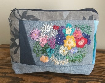 Zipper pouch, cosmetic bag, upcycled denim, embroidered