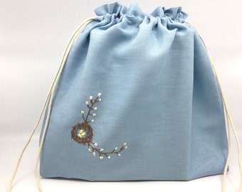 Tote bag for baby’s room.  Embroidered linen pouch.  Made in Canada