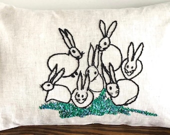 Cottage Core Throw Pillow with embroidered rabbits.  Made in Canada