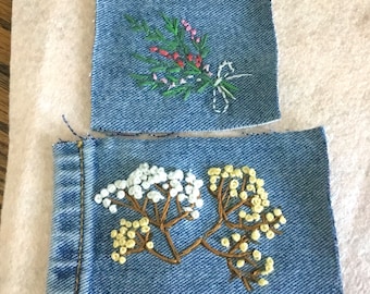 Denim patches-pair-upcycled-hand embroidered.  Made in Canada