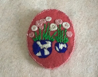 Valentine pink embroidered wool  brooch/pin. Upcycled.  Made in Canada